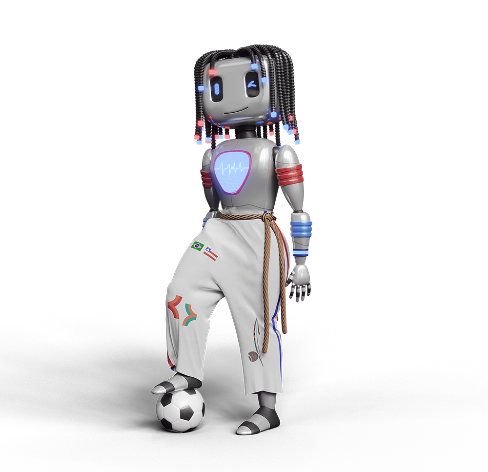 RUBI, the RoboCup 2025 mascot — a humanoid robot in a white outfit posing with a football